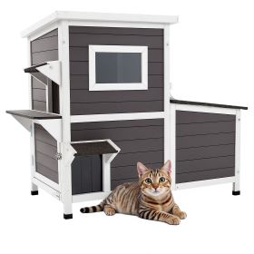 VEVOR Outdoor Cat House, 2-Story Wooden Cat Shelter for 3 Outside Cats in Winter, Elevated Feral Kitty Shelter with Stairs, Clear Window & Flap D