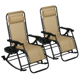 2 Outdoor Rocking Chairs Foldable Reclining Zero Gravity Lounge Rockers w/ Pillow Cup & Phone Holder, Beige (Option: Beige-1030x720x410 mm)