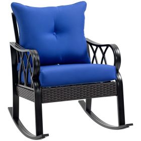 Outdoor Wicker Rocking Chair with Padded Cushions, Aluminum Furniture Rattan Porch Rocker Chair w/ Armrest for Garden, Patio, and Backyard, Blue (Option: Blue-960x280x700 mm)