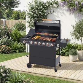 6 Burner BBQ Propane Gas Grill With Side Burner 72000 BTU Output Stainless Steel Barbecue Grill With Cast Iron Grates And Side Tables For Outdoor (Option: defaulttitle)